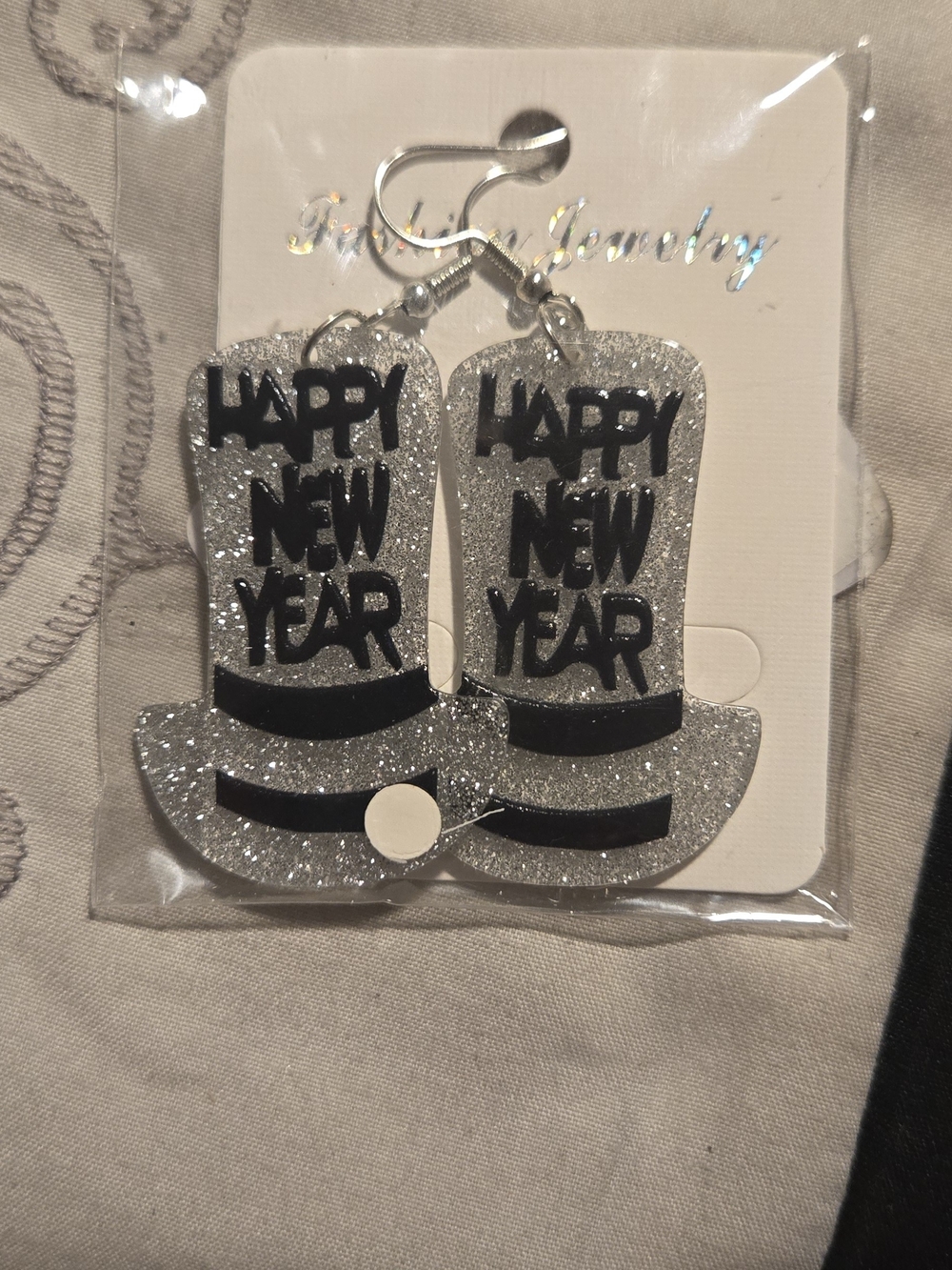 Happy New Year Silver Glitter Top Hat Earrings - Party Jewelry